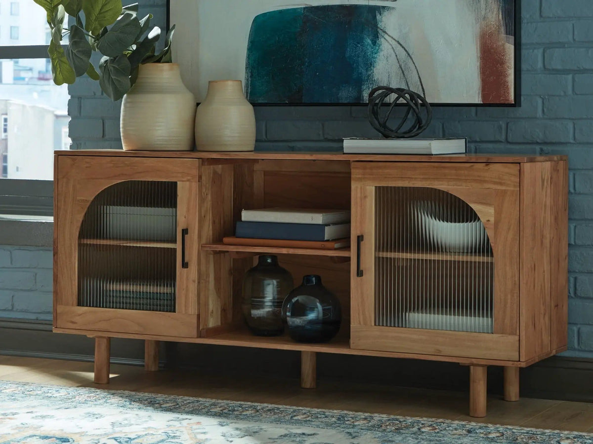 Adway Accent Cabinet | 64.13 x 16.13 x 29.88 in | Acacia Wood & Glass | Natural Brown