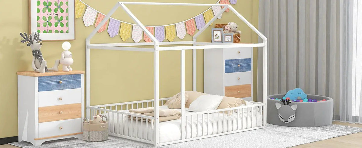Kids Metal Bed Frame | Roof And Side Fence | Semi Enclosed Space | Three Colors