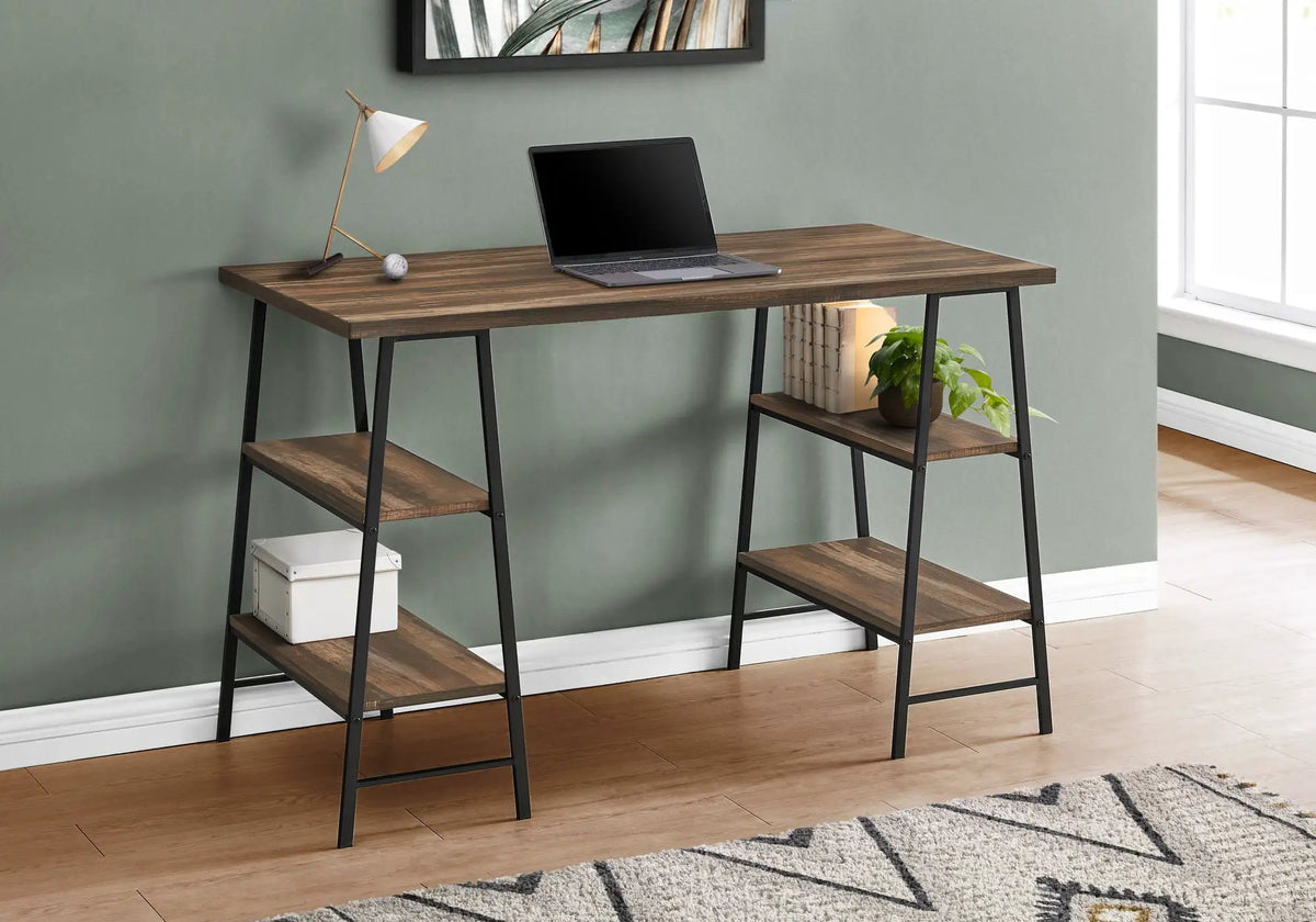 Sawhorse Computer Desk | 47.25 Inch Width | Four Open Shelves | Industrial Style