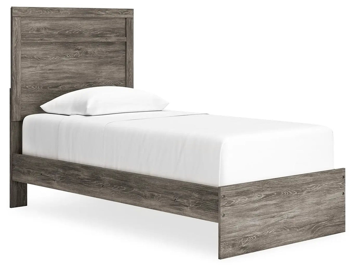 Ralinksi Panel Bed | Rustic Warm Gray Finish | Replicated Oak Grain | Pewter Handles