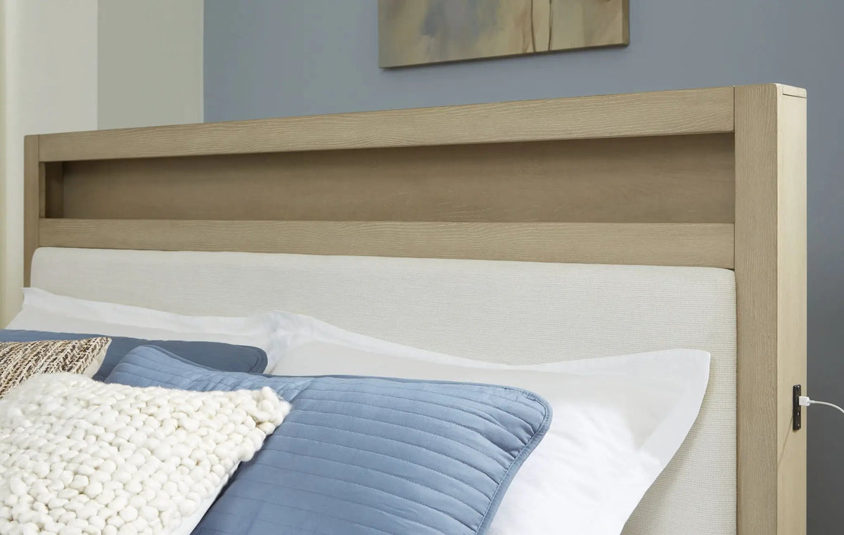 Calmoro Bookcase Storage Bed | Upholstered Panel Headboard | Gray Wash Finish | Warm Undertones