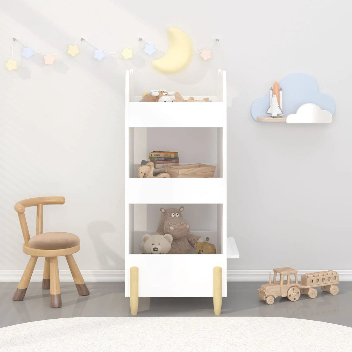 Bear Shaped Bookshelf With Chalkboard Side, 3 Tier Storage Organizer For Playroom | 16.14 x 16.93 x 33.86 in | Wood | White