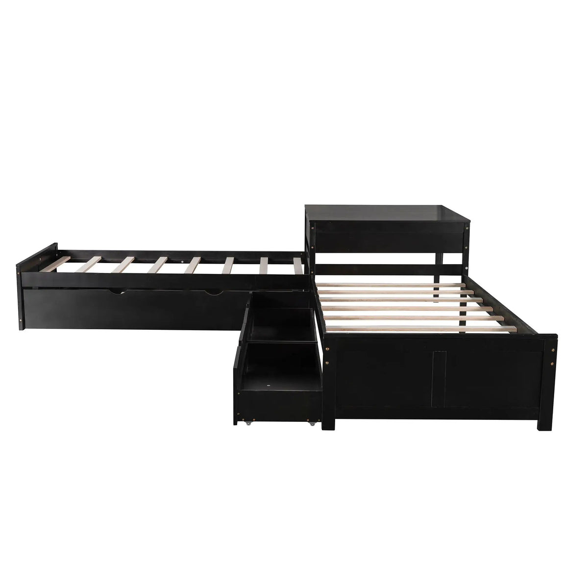 L Shaped Platform Bed | Built In Desk | Trundle With Drawers | Twin Size