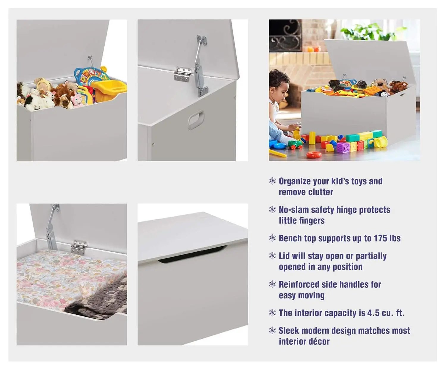 White Toy Storage Chest Bench FourCubicFeet FlipTopLid from PriceLows™