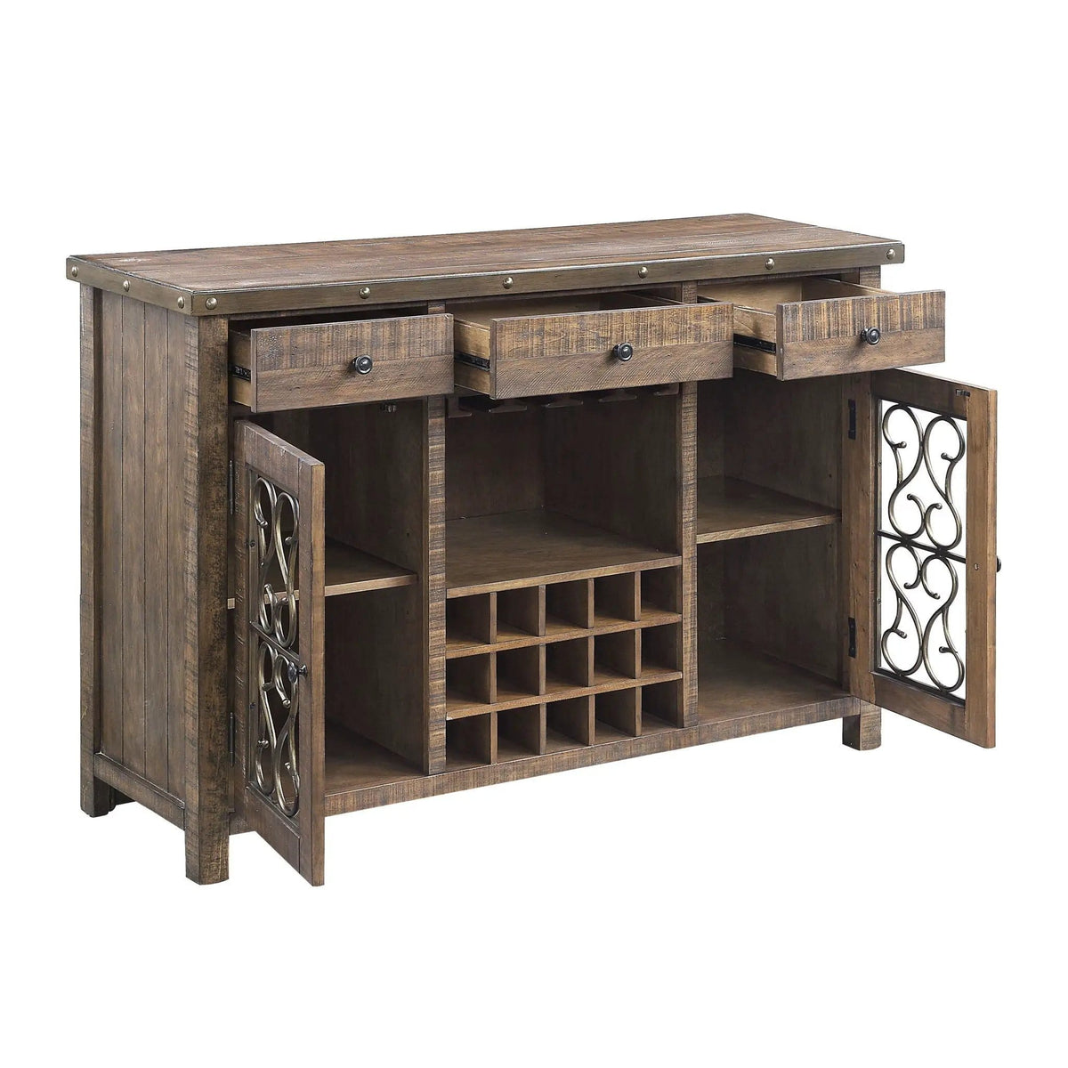 Raphaela Server With Cup Holder & Wine Rack | 18 x 56 x 36 in | Metal | Cherry