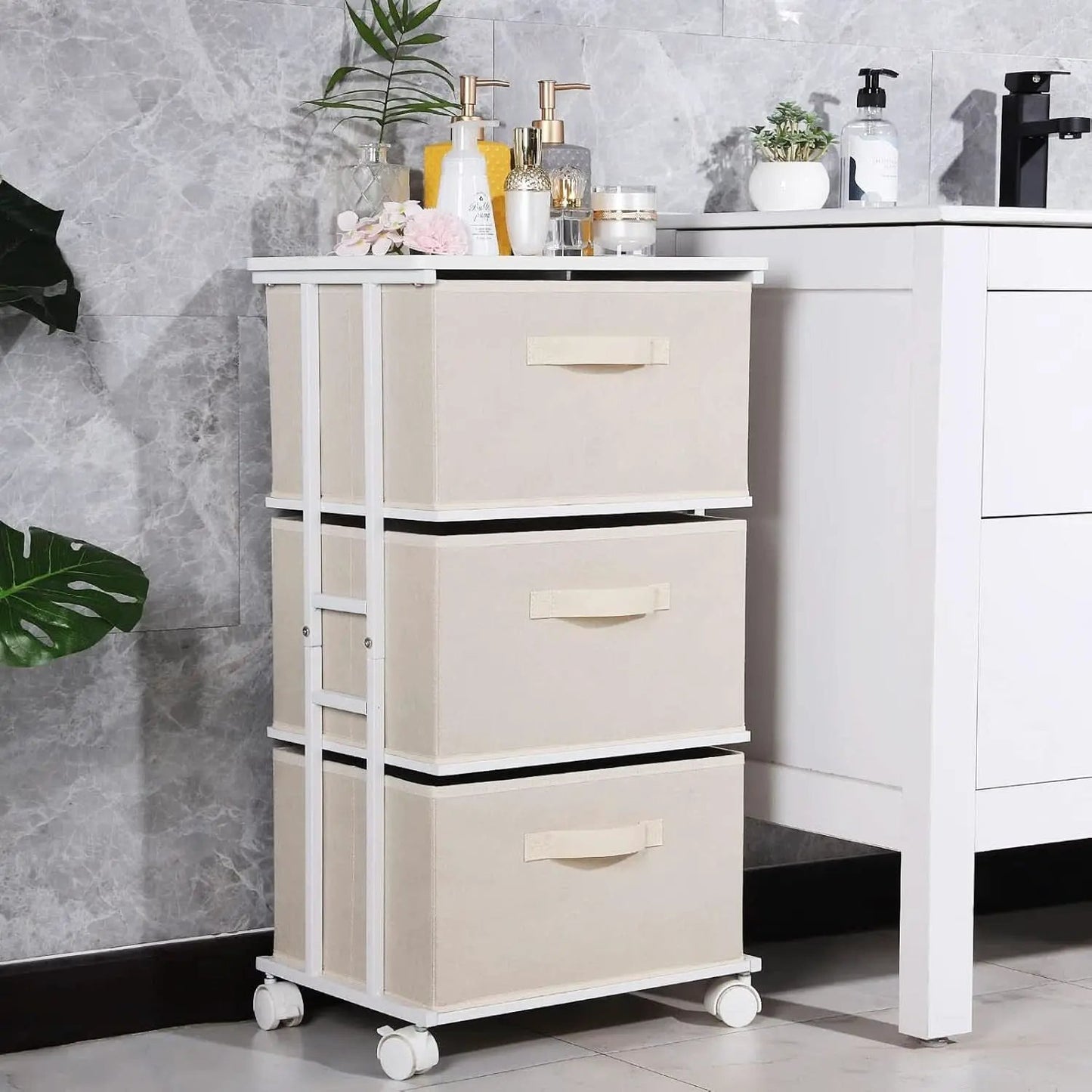 Beige Dresser Tower With 3 Drawers And Wood Top Fabric from PriceLows™