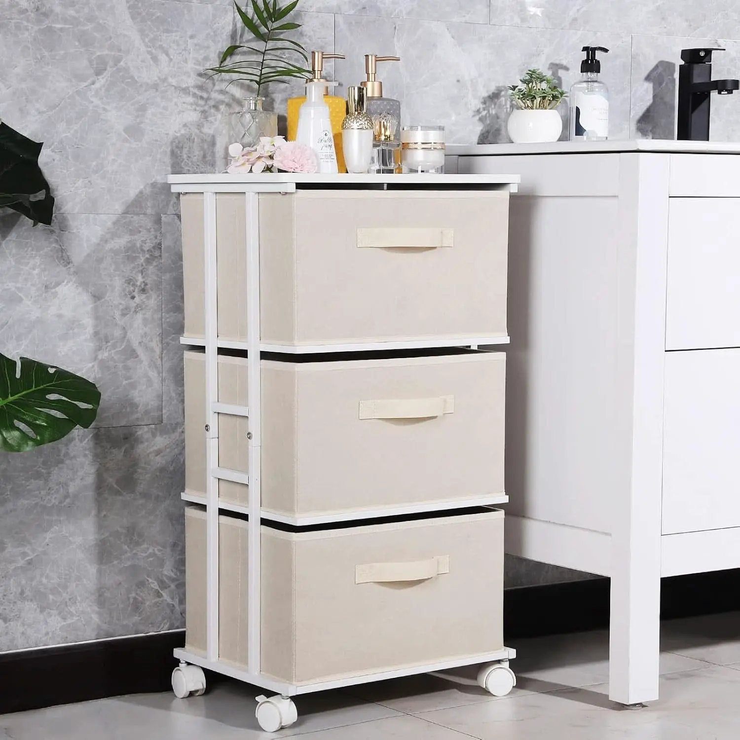 Beige Dresser Tower With 3 Drawers And Wood Top Fabric from PriceLows™