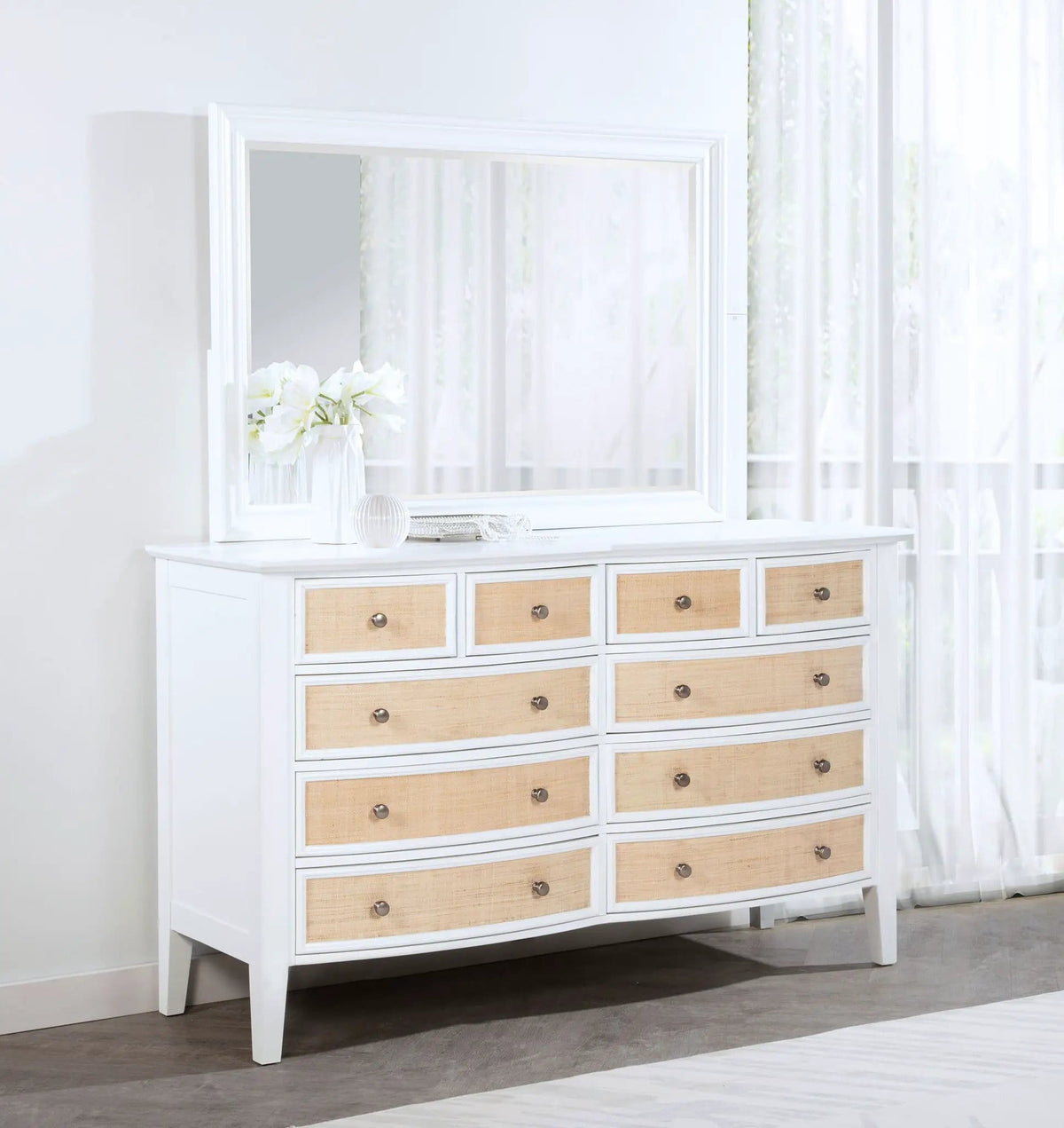 Bexhill 10-drawer Dresser and Mirror | 65 x 21.75 x 75.25 in | Rattan | White