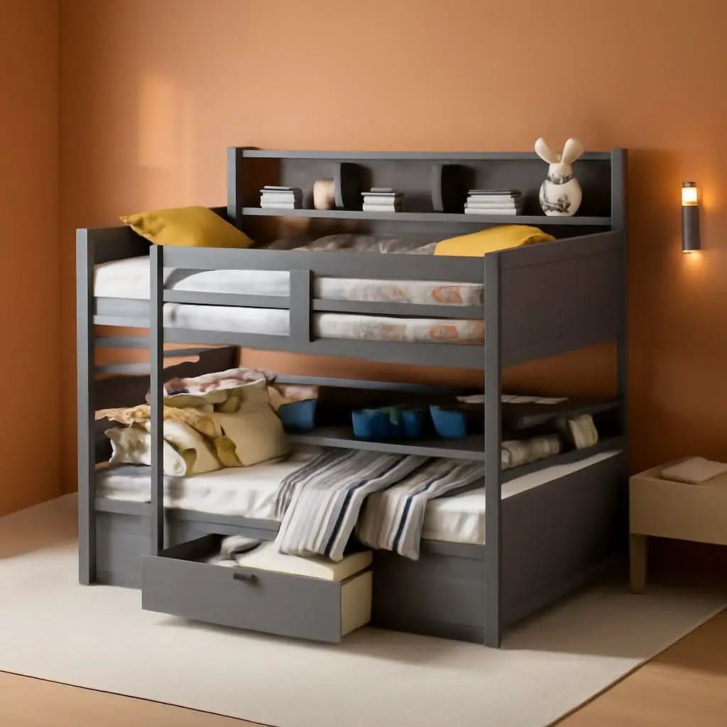 Grey Wood Twin Over Twin Bunk Bed With Storage Shelves And Drawer from PriceLows™