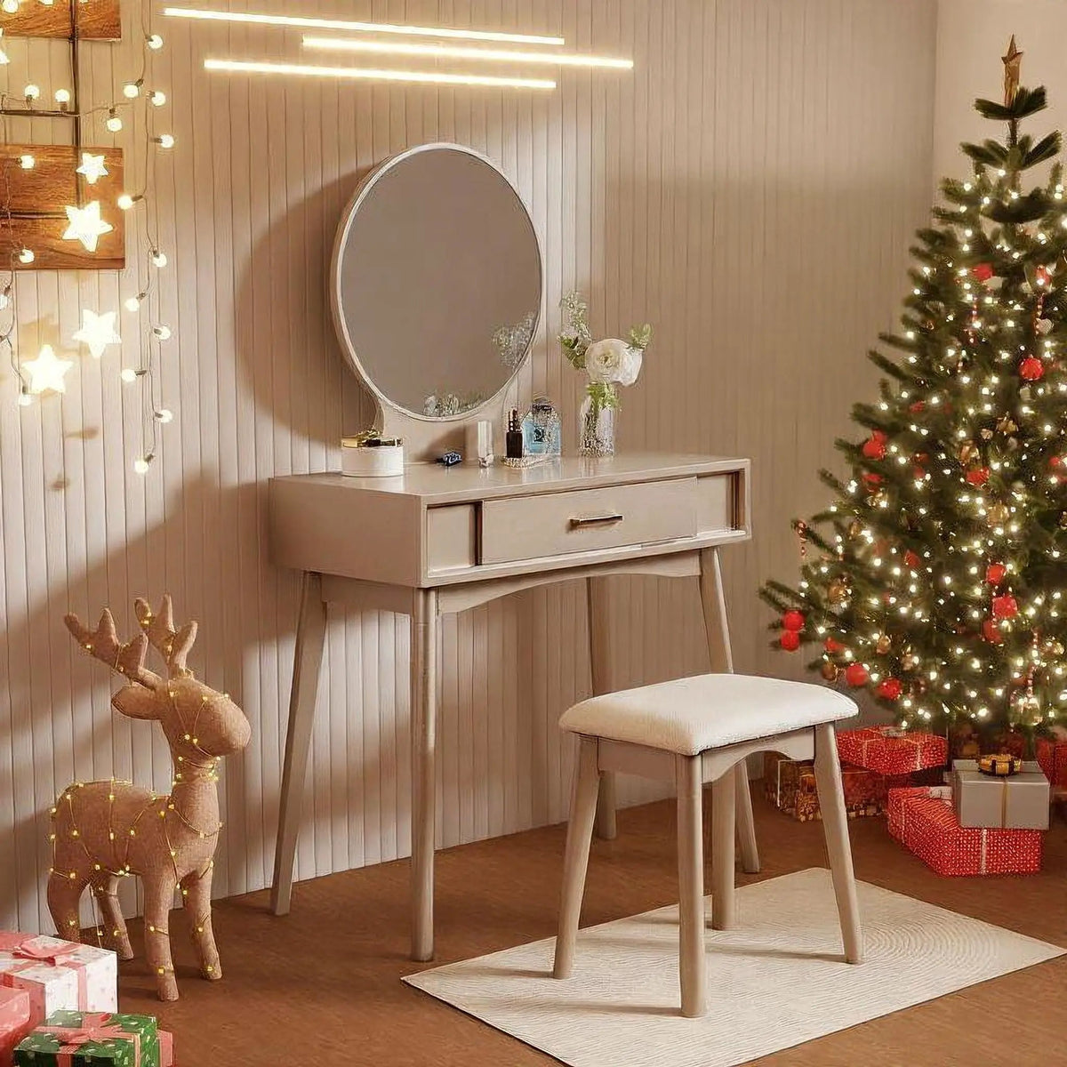 Maly Vanity And Stool Set | Contemporary Wood | Gold Finish | Solid Rubberwood Frame