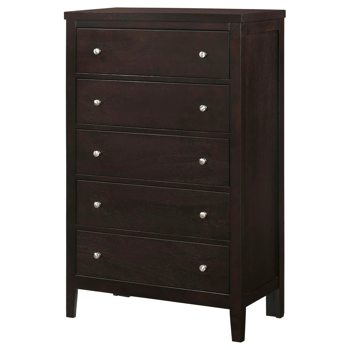 Carlton 5-drawer Bedroom Chest | 29.75 x 15.25 x 48.25 in | Rubberwood & Engineered Wood | Cappuccino