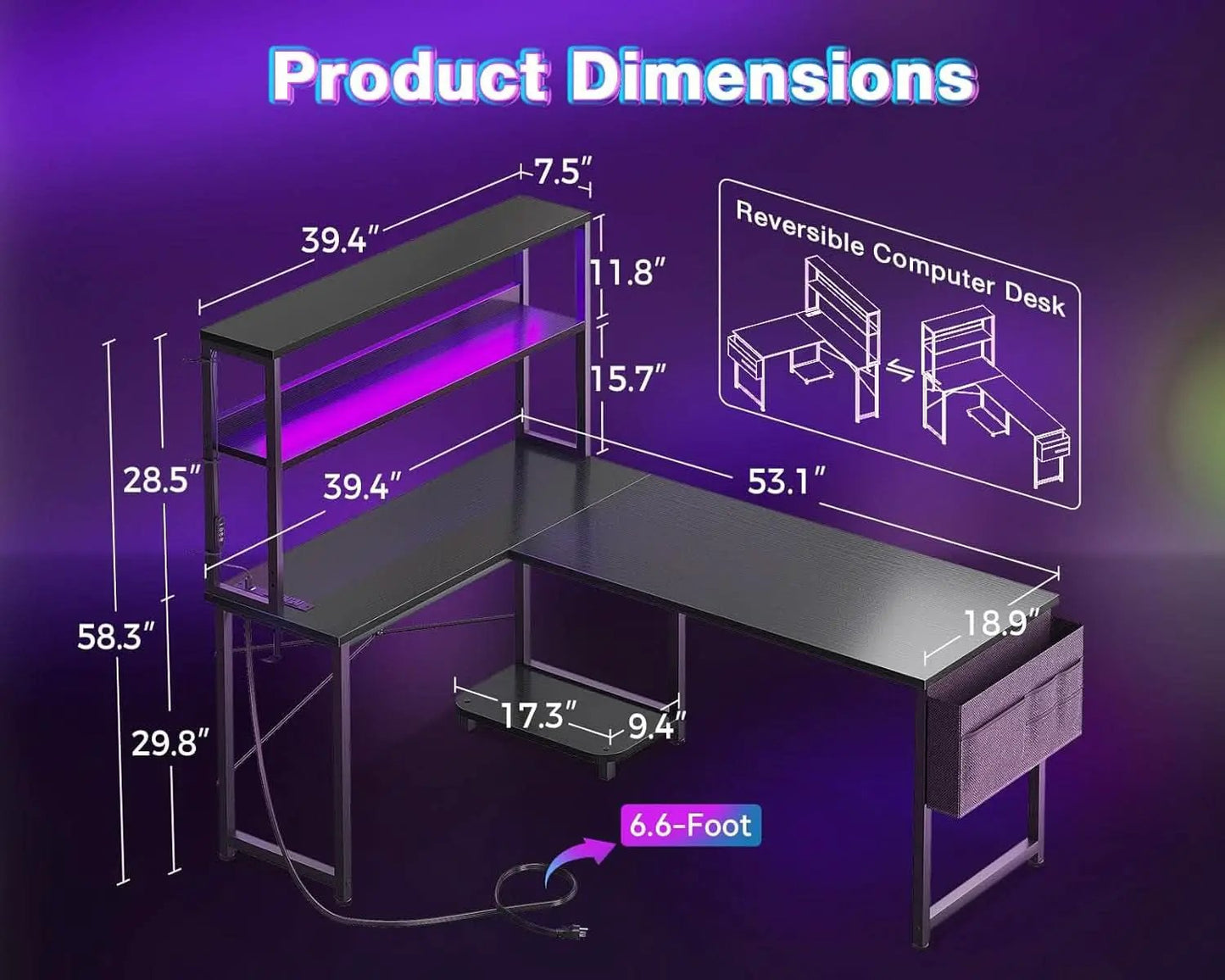 L Shaped Gaming Desk With LED Lights And Power Outlets from PriceLows™