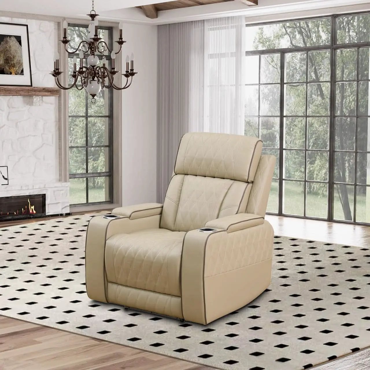 Power Reclining Leather Sofa Set With USB Ports Khaki from PriceLows™