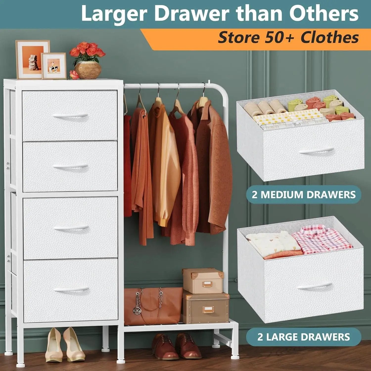 Dresser With Hanging Rack 4 Drawer White 44 Inch Tall from PriceLows™