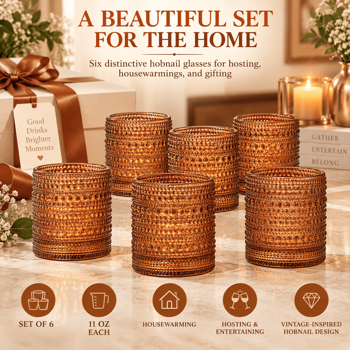 Tonal Hobnail Lowball Glassware | 12 oz | Set of 6 | Entertaining