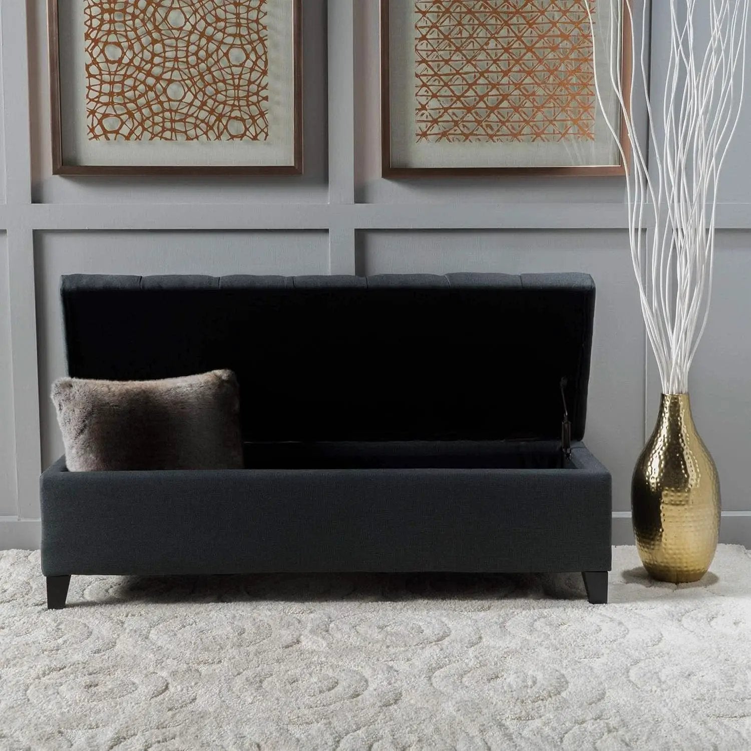 Dark Grey Tufted Fabric Storage Ottoman 17.5 In Depth from PriceLows™