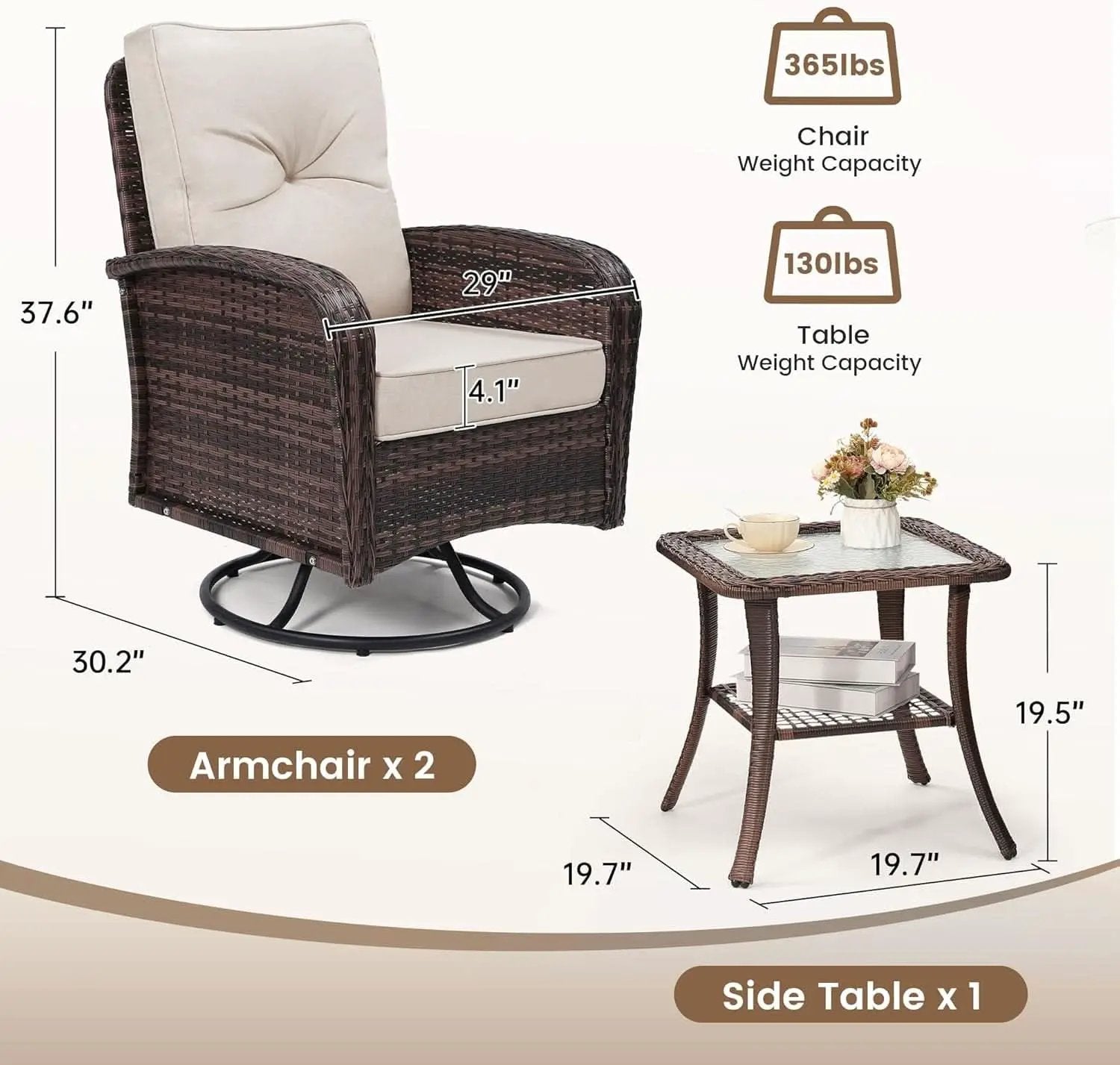 Two Outdoor Swivel Wicker Glider Patio Chairs With Table Set Brown Rattan And Beige Cushions from PriceLows™