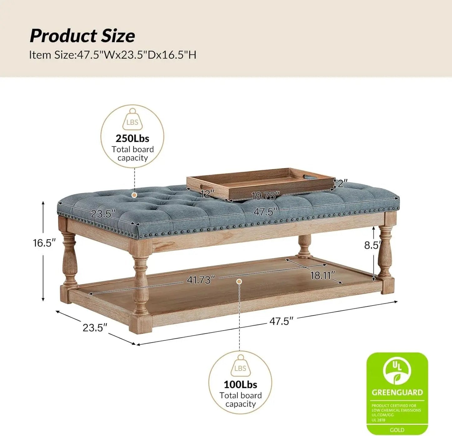Blue Rectangular Upholstered Ottoman Coffee Table Tray from PriceLows™