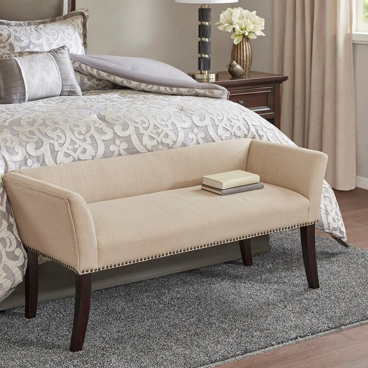 Upholstered Bench | Solid Wood Frame | Low Back And Flared Arms | Nailhead Trim