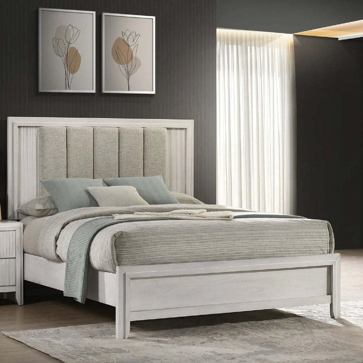 Plush Upholstered Headboard Framed Bed | 2 Pieces | Fabric & Wood | Bedroom