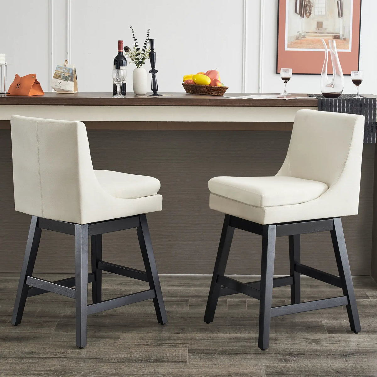 Upholished Swivel Bar Stools | Linen High Back | Padded Seat | Set Of 2