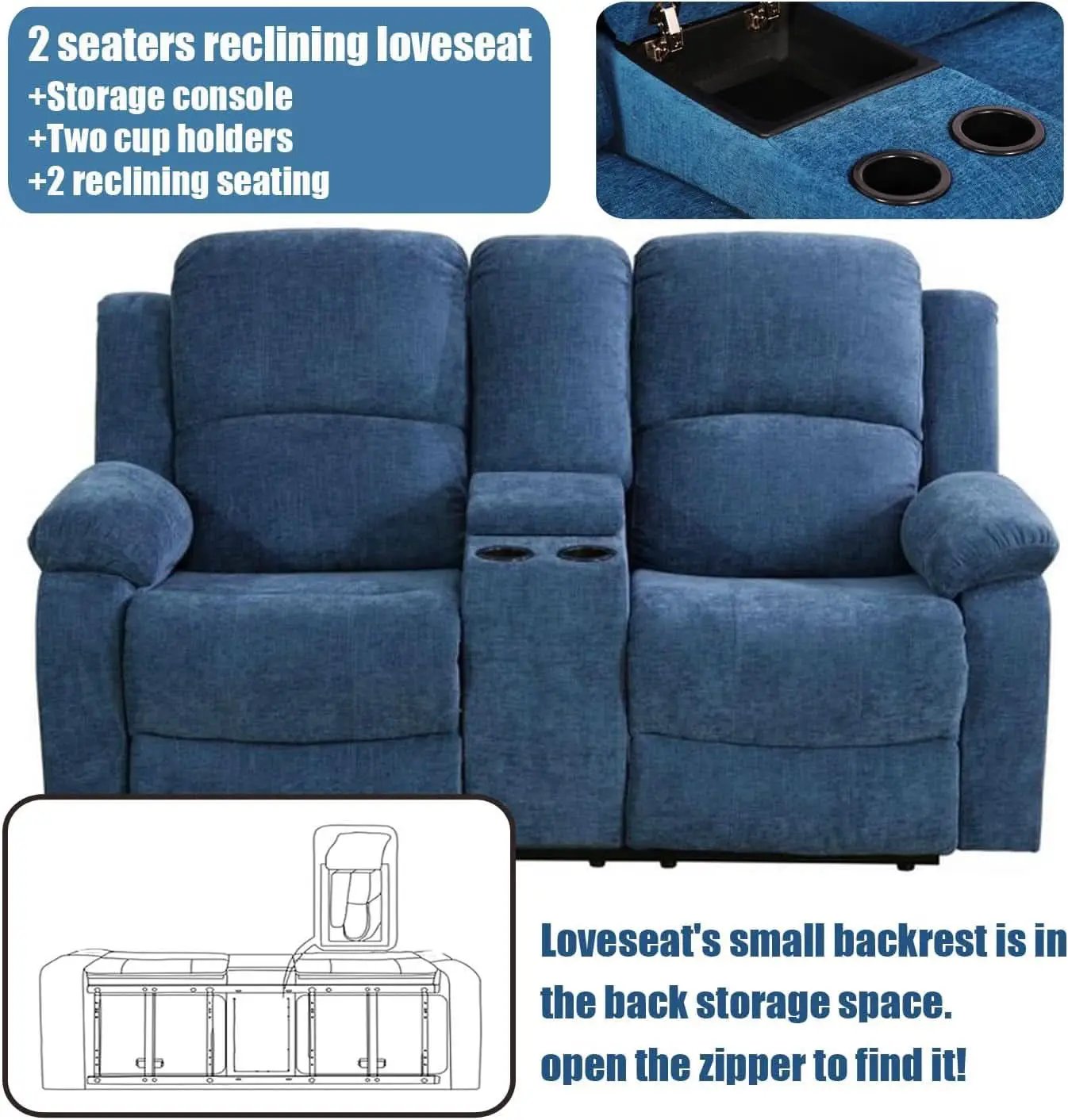 Blue Linen Recliner Sofa Set With Drop Down Table Storage from PriceLows™
