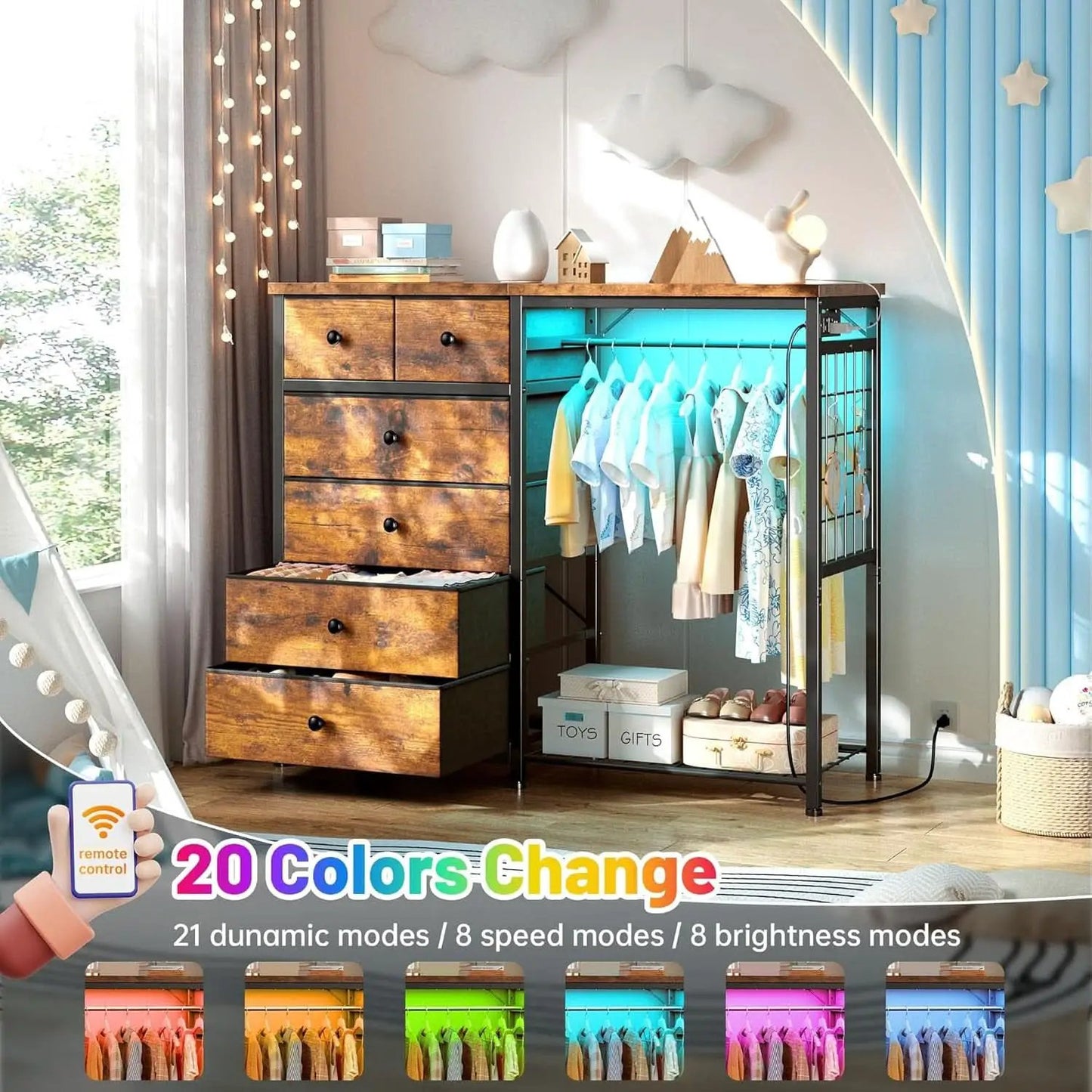 49 Inch Rustic Brown Dresser With Clothes Rack LED Lights from PriceLows™