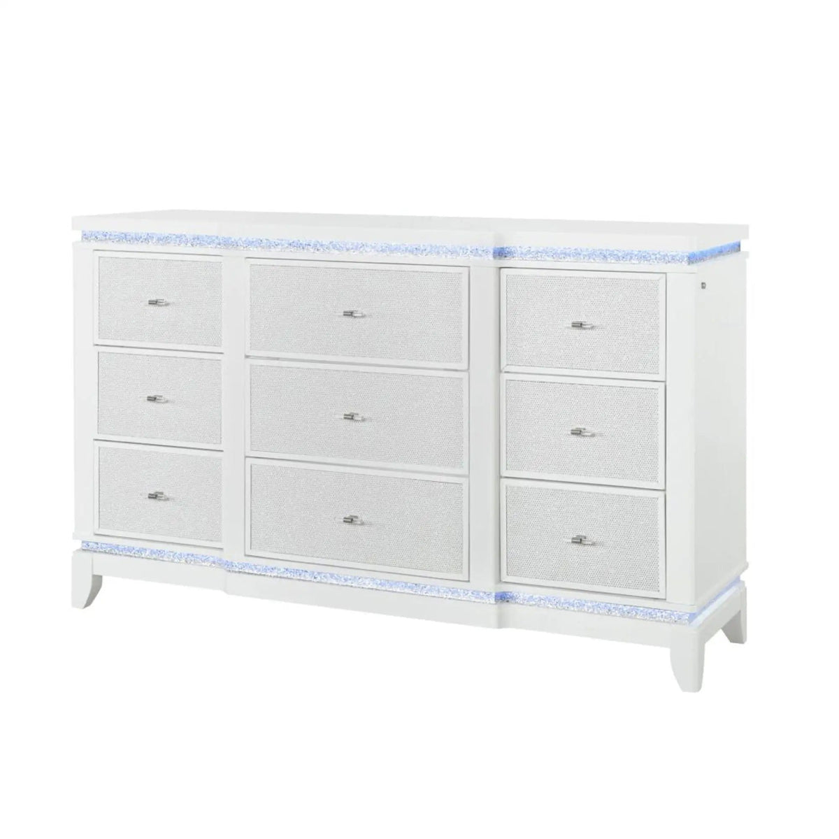 Adalid Dresser With LED Light And Glittered Drawer Fronts | 62 x 17.5 x 38.94 in | Solid Wood & Mdf | White