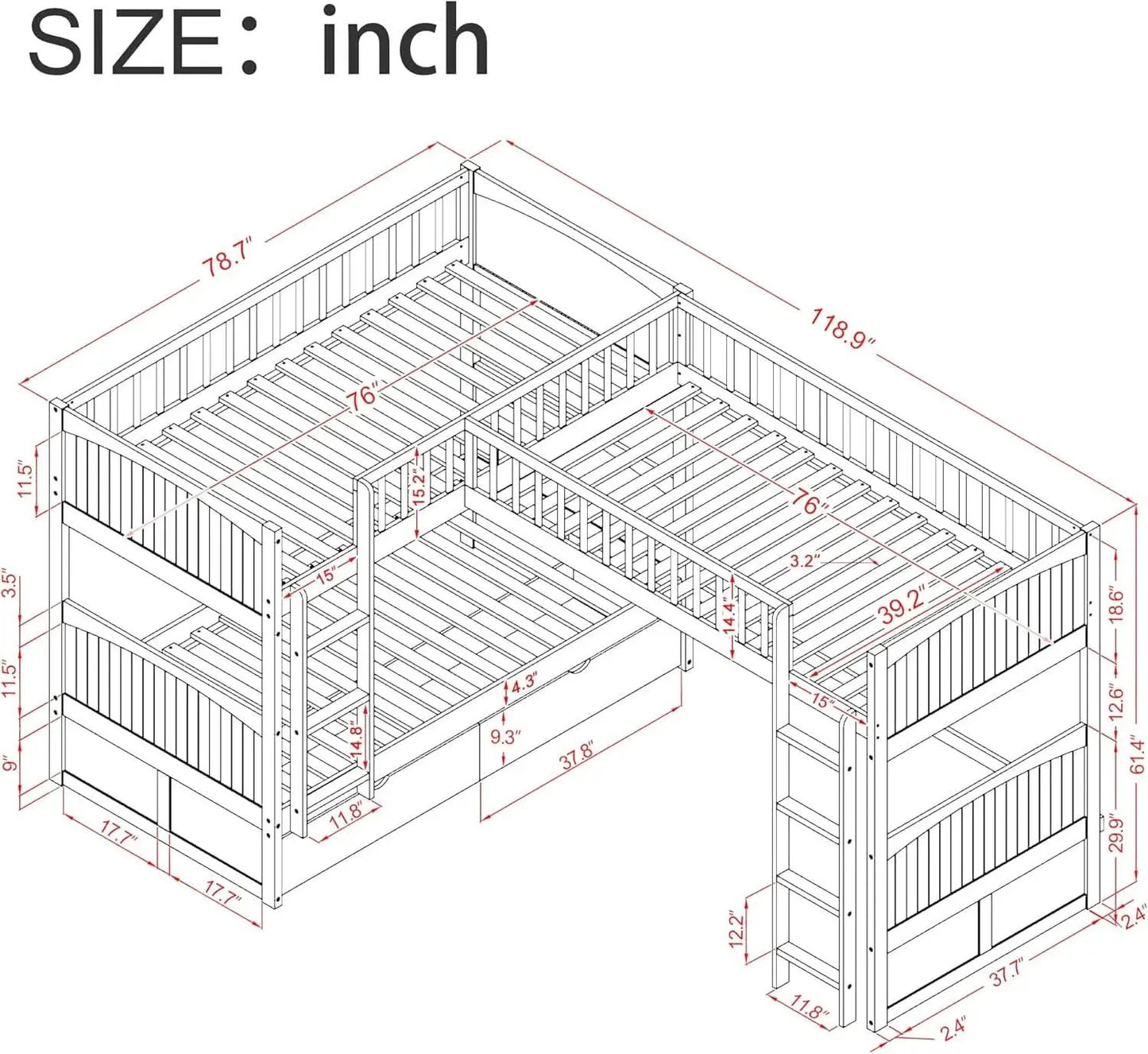 Triple Bunk Bed for Kids L Shaped Solid Wood Gray Twin Size from PriceLows™