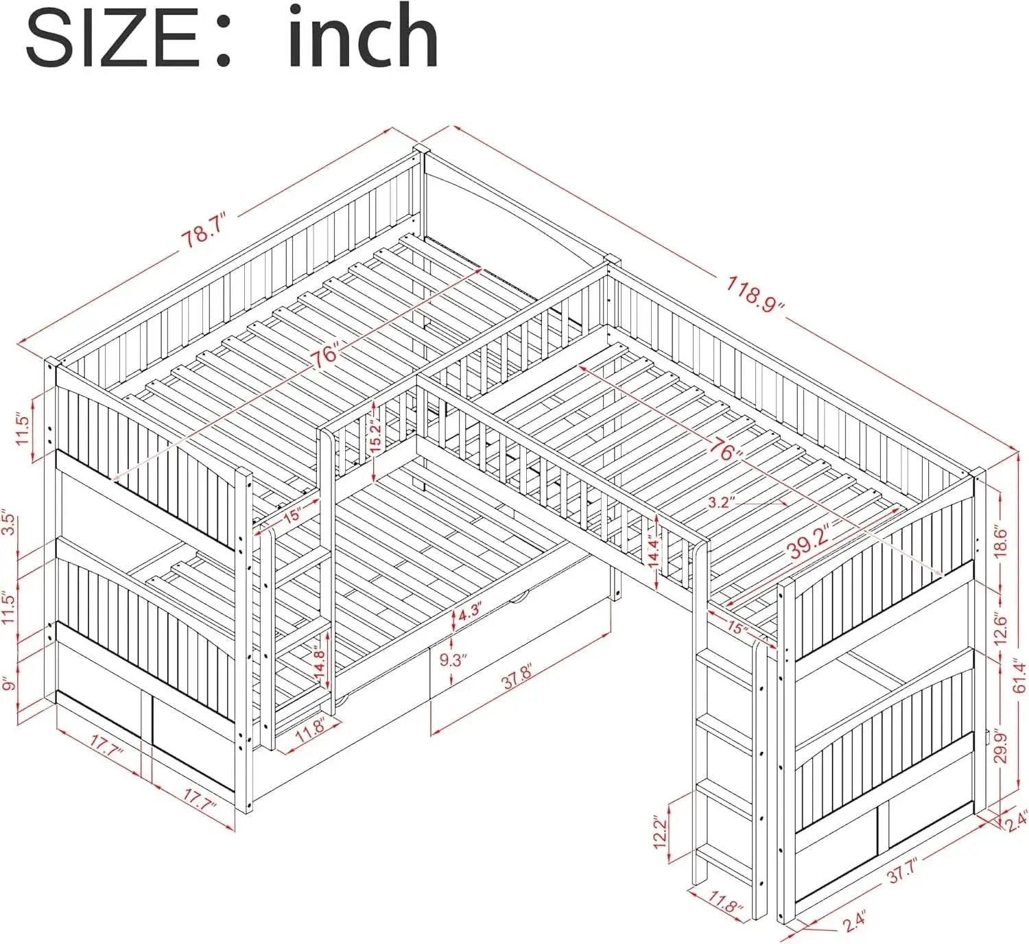 Triple Bunk Bed for Kids L Shaped Solid Wood Gray Twin Size from PriceLows™