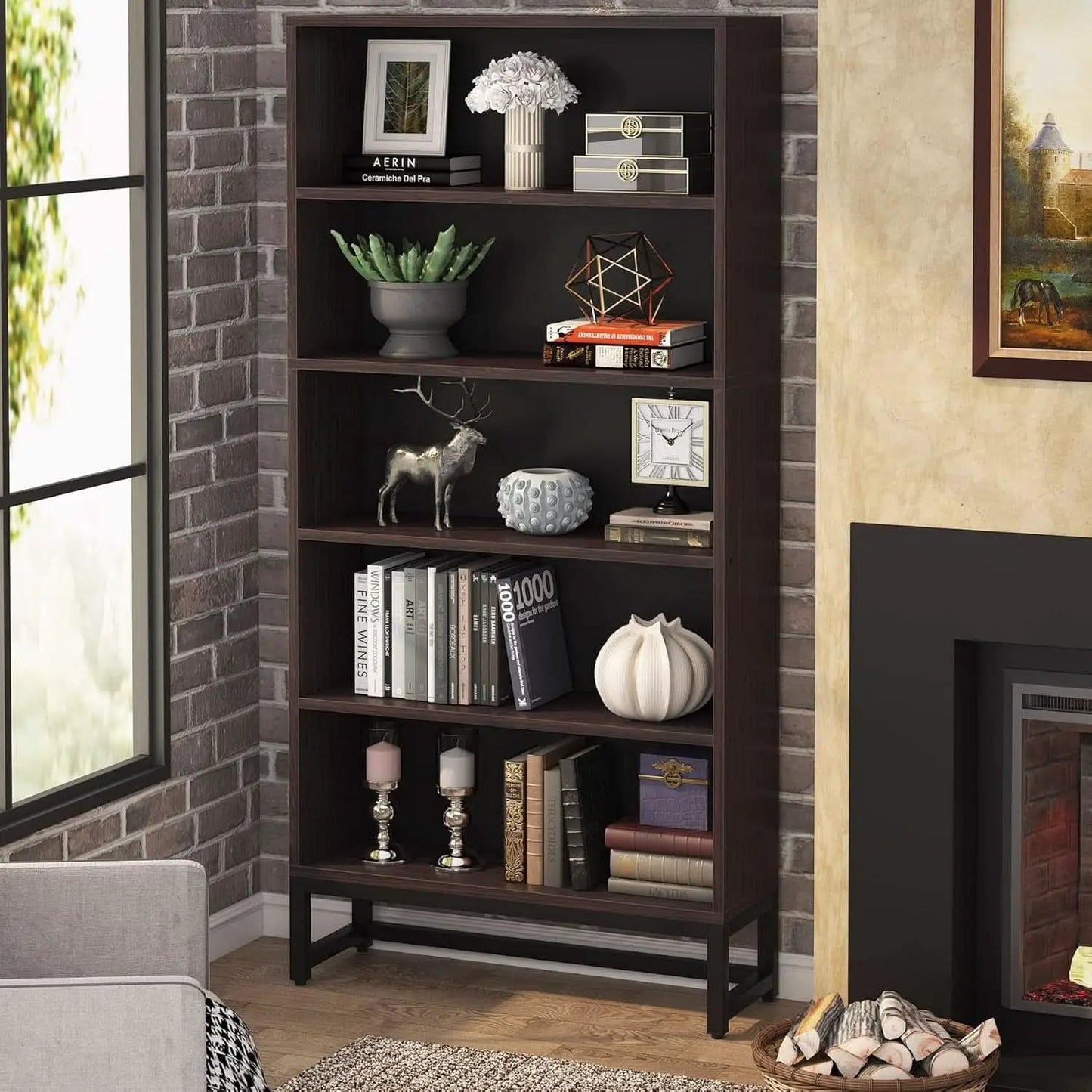 Tall Bookcase And Bookshelf 70.8 Inch Sandalwood Shelving from PriceLows™