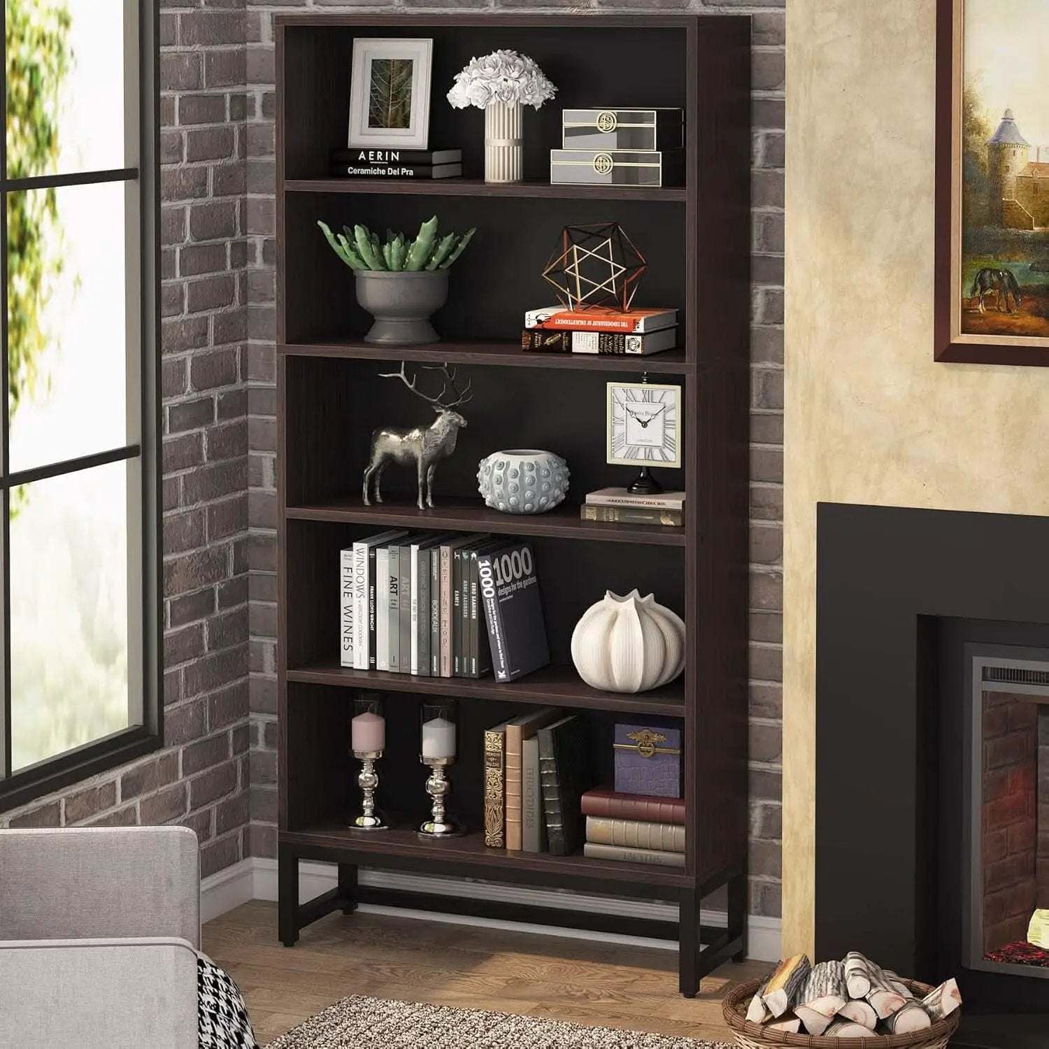 Tall Bookcase And Bookshelf 70.8 Inch Sandalwood Shelving from PriceLows™