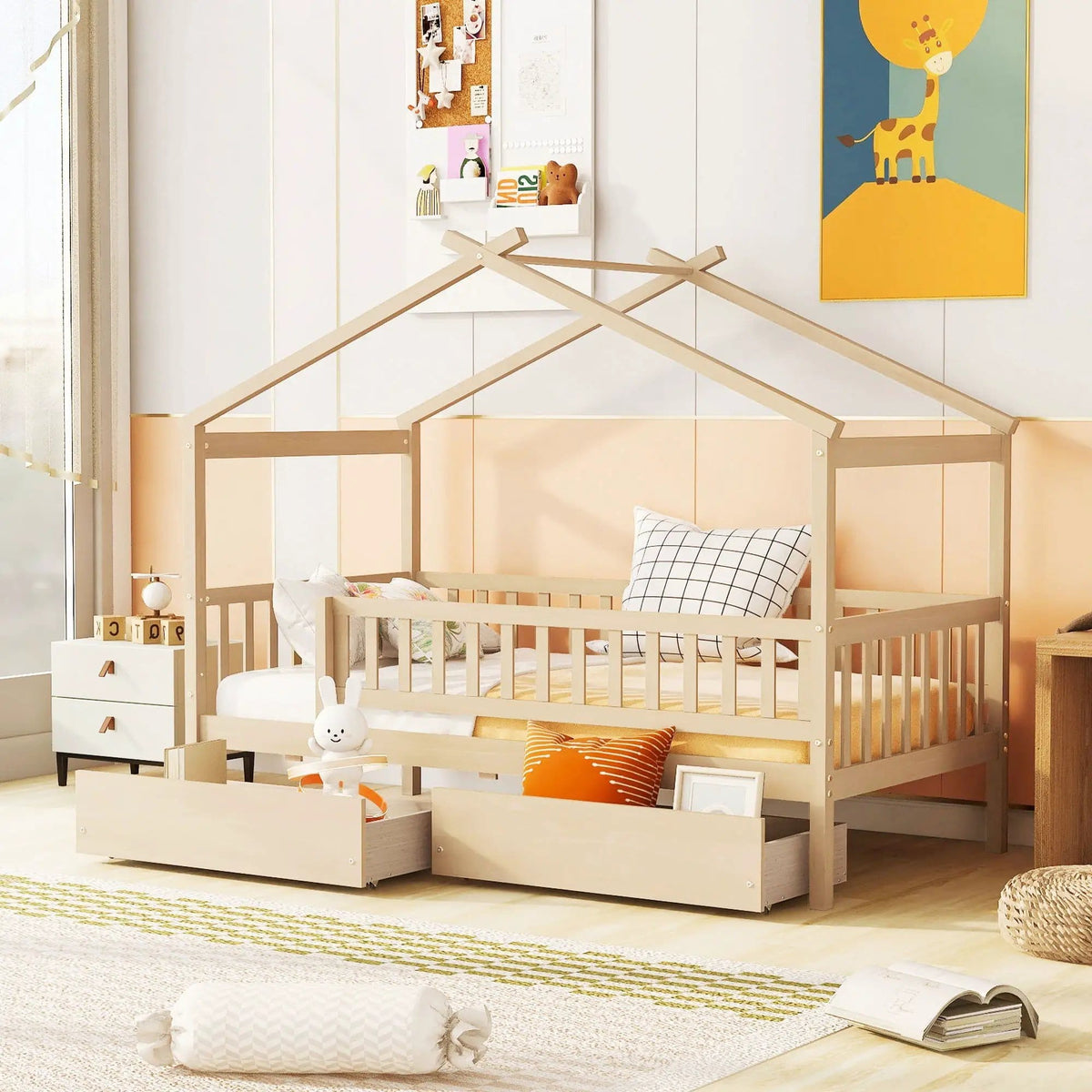 Kids House Bed With 2 Drawers | Sky Roof Design | Classic House Shape | 62.9 Inch Height