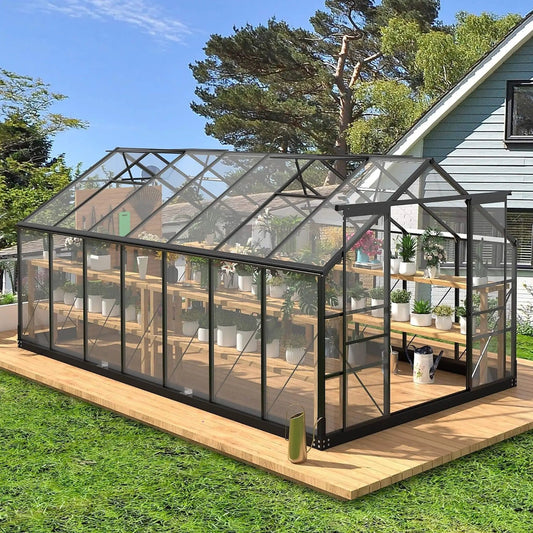 Outdoor Polycarbonate Greenhouse With Roof Vents & Sliding Doors, 4MM | Steel | Outdoor Living Use | Outdoor Living