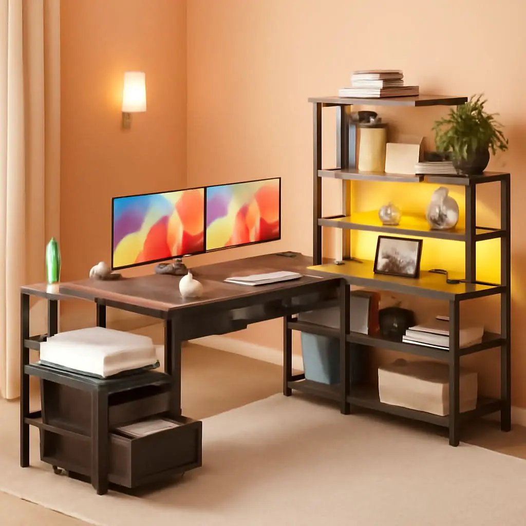 79 Inch L Shaped Desk With LED Lights Power Outlets from PriceLows™