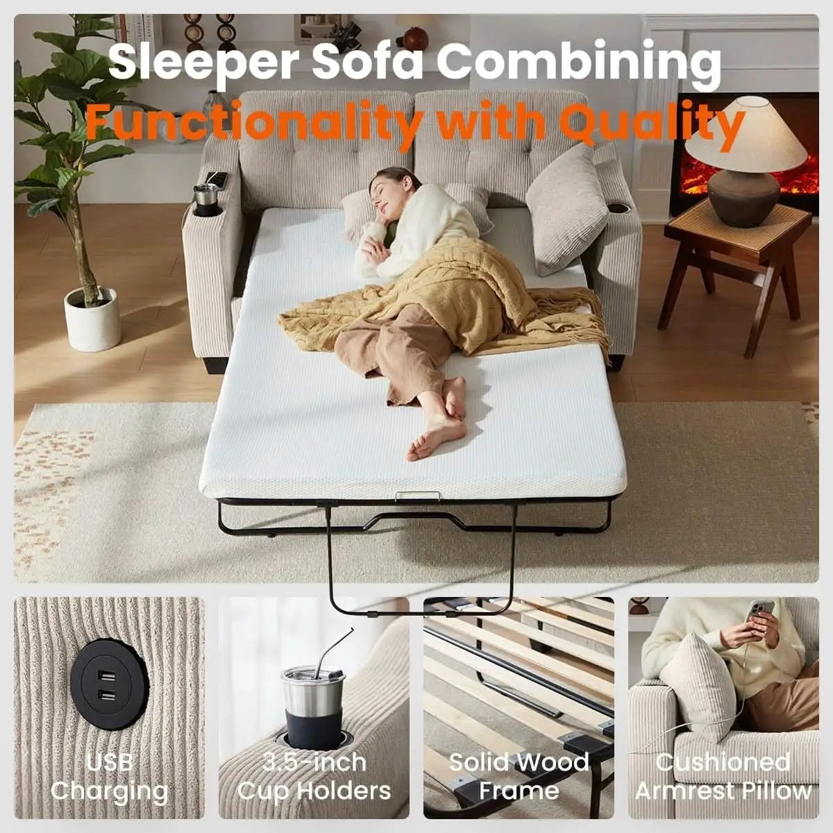 Full Size Corduroy Transformable Sofa Bed USBChargingPort from PriceLows™