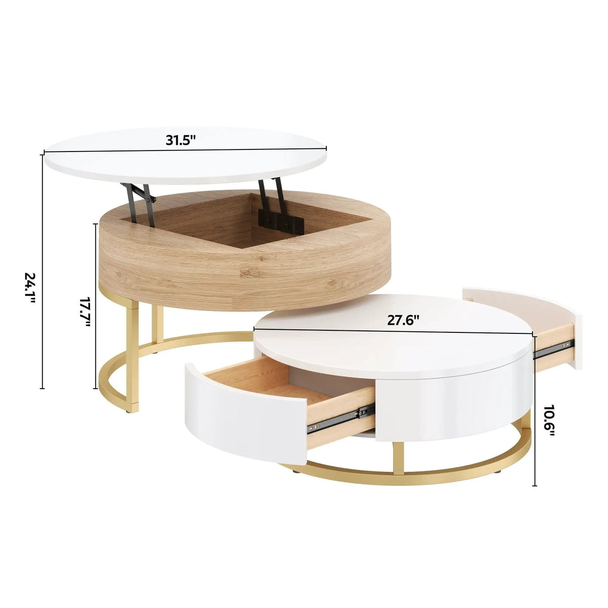 Modern Round Lift-Top Nesting Coffee Tables With 2 Drawers | 31.5 x 31.5 x 15.7 in | Metal | Living Room