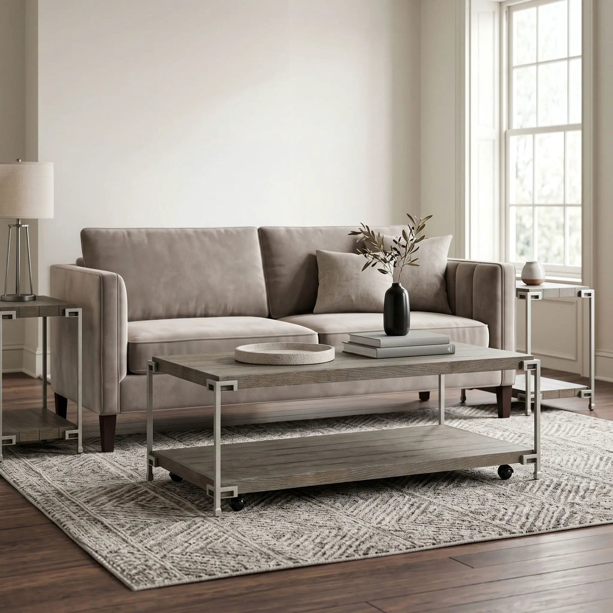 Corbeta 3 Piece Coffee Table Set | Metal Frame Wood Tables | 2 Chairside Tables | Aged Graphite Finish