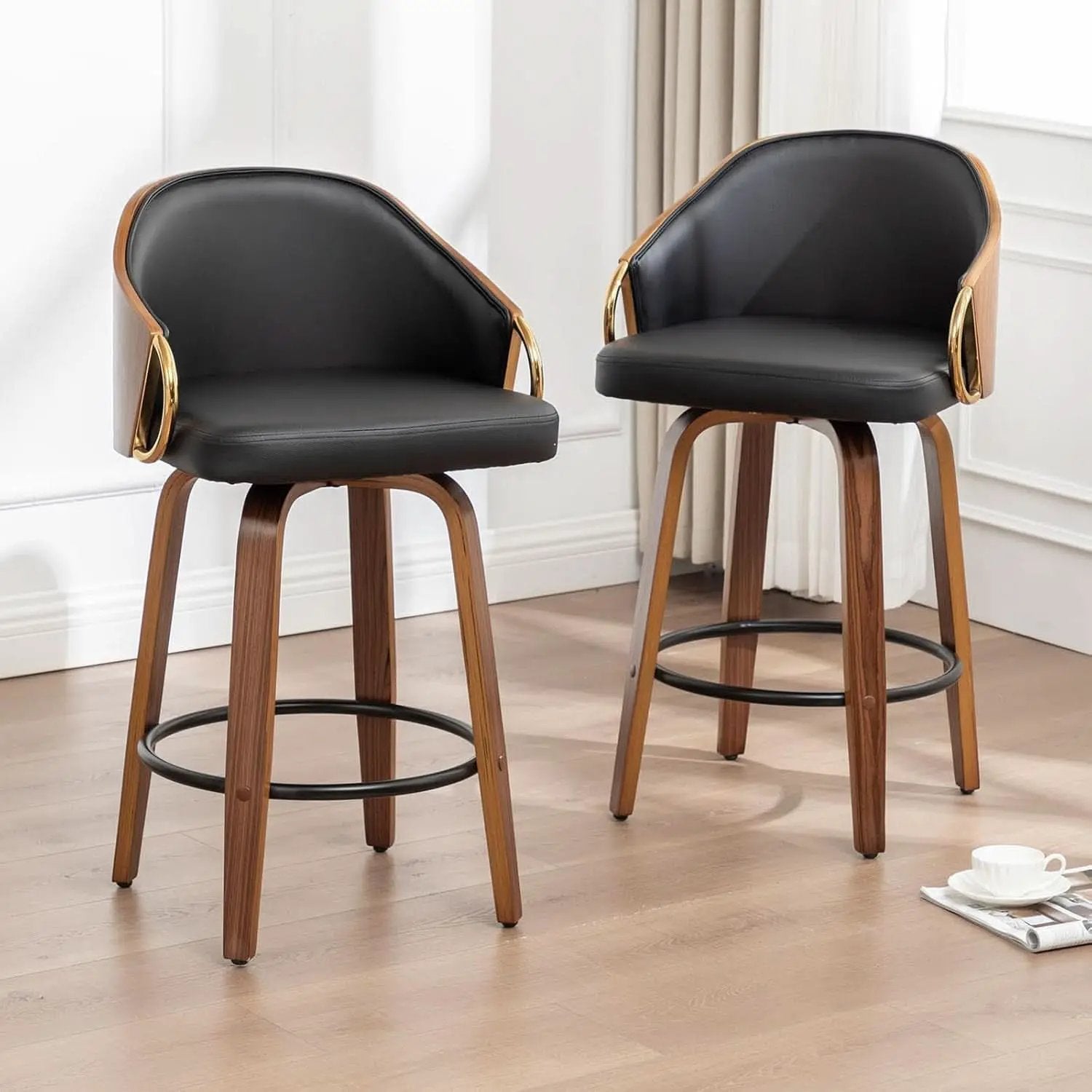 26 Inch Swivel Barstools Set of Two Black Leather from PriceLows™