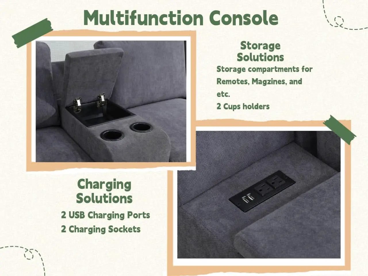 Flannel Modular Sectional Sofa With USB Ports Grey from PriceLows™