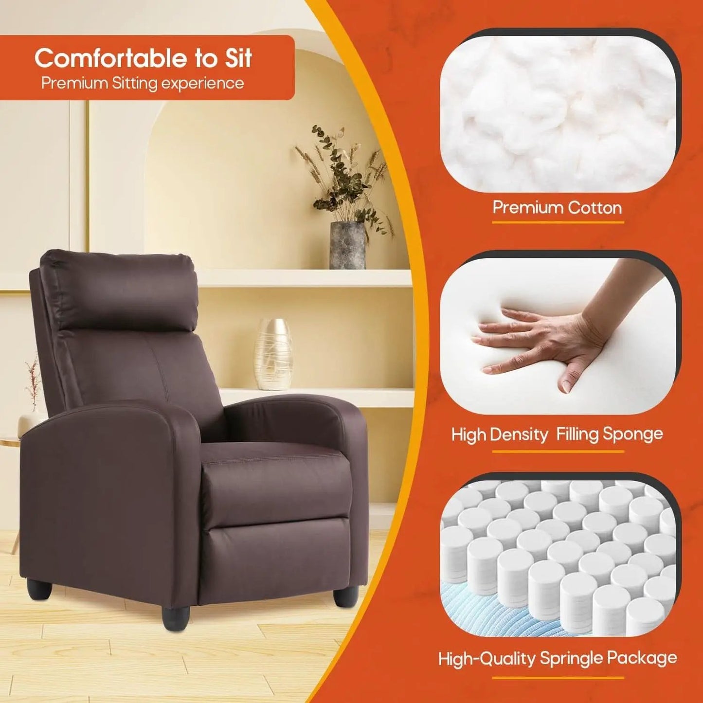 Recliner Chair Brown Adjustable Living Room Armchair from PriceLows™
