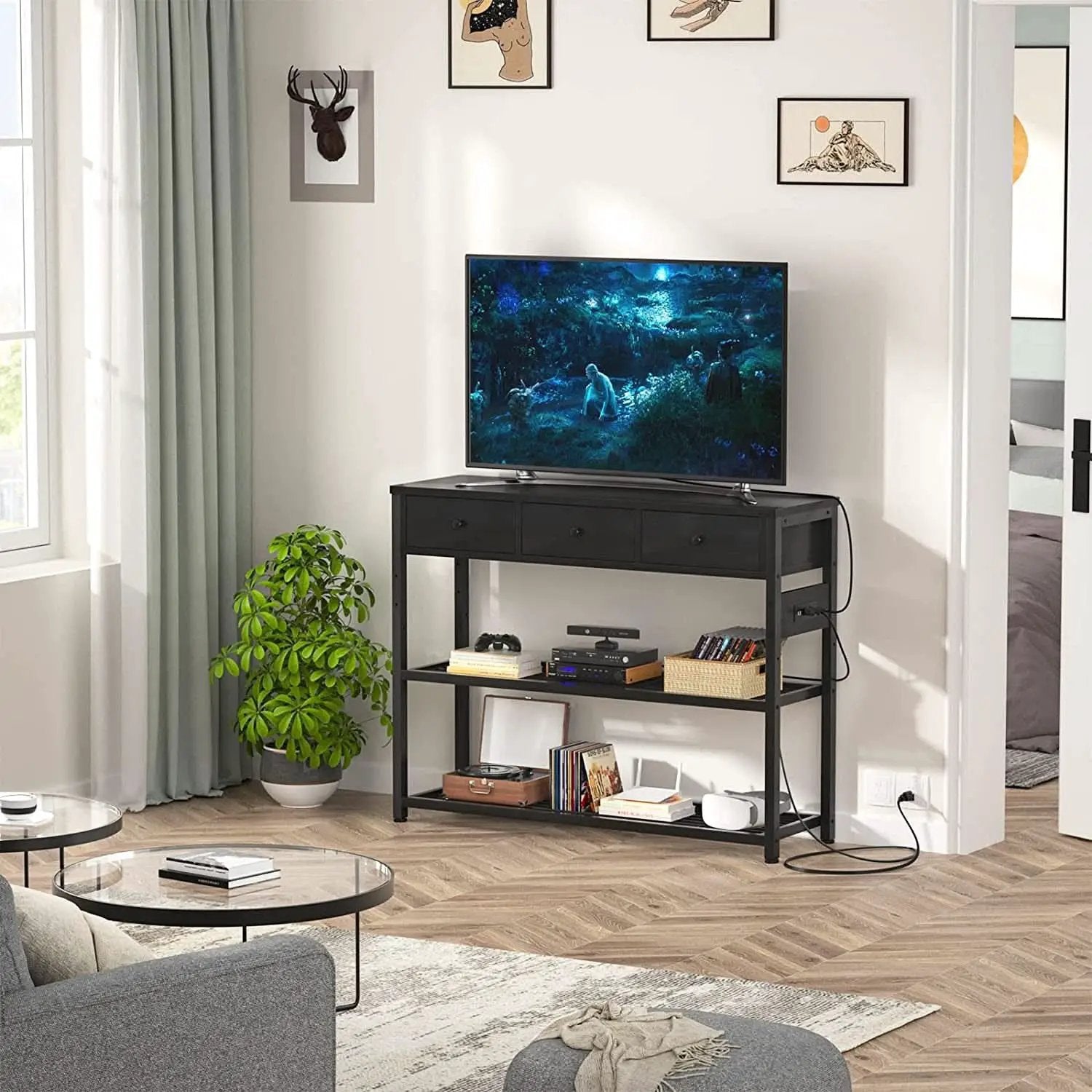 Black Console Table With USB Ports And Outlets For Living Room from PriceLows™