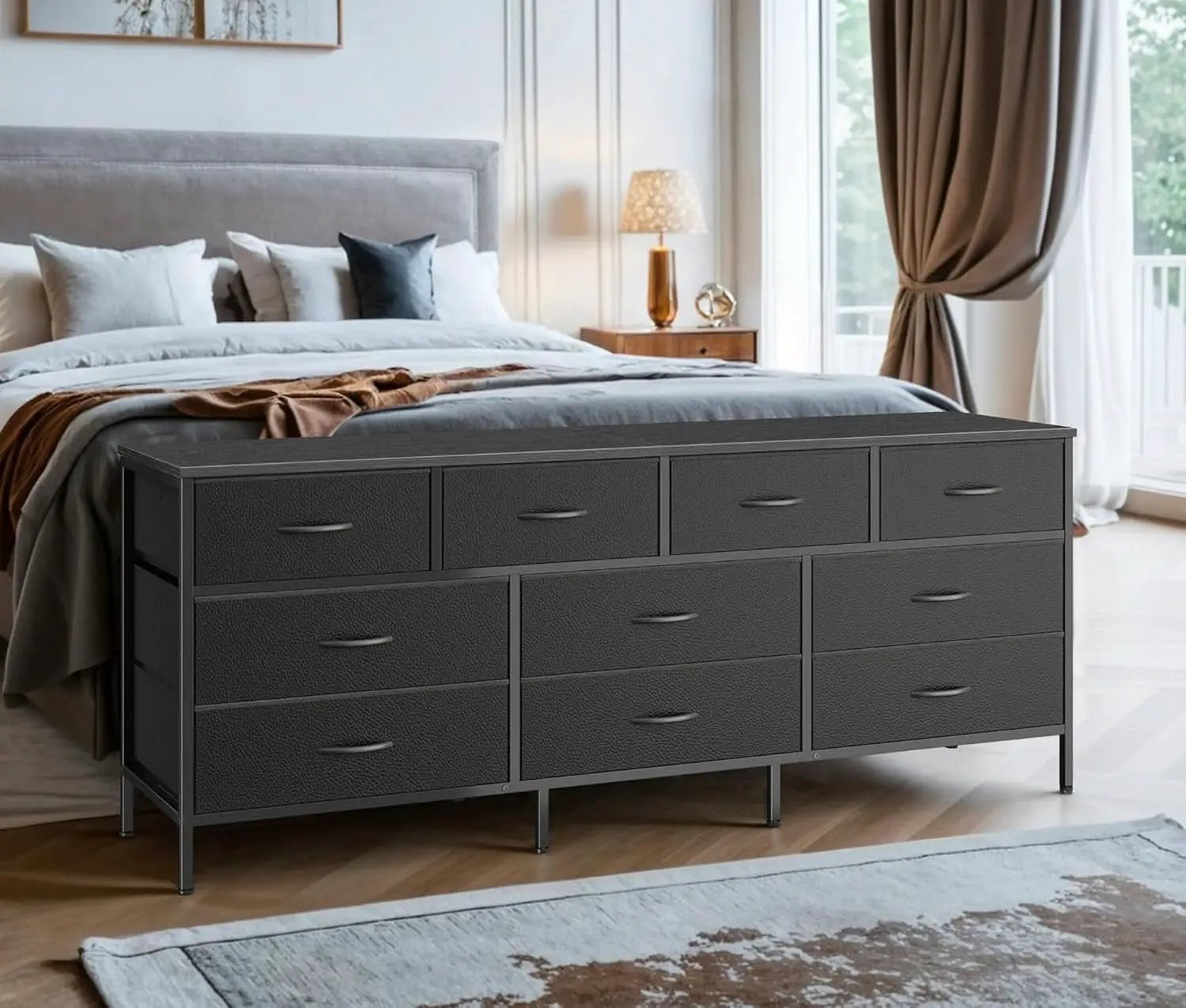 63 Inch TV Stand Dresser With 10 Fabric Drawers Black from PriceLows™