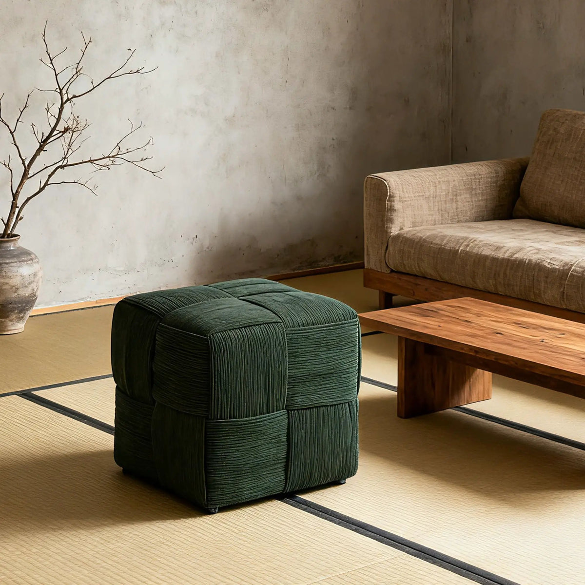 Modern Ottoman Foot Rest | Woven Design | Engineered Wood Frame | 14.2 Inch Cube