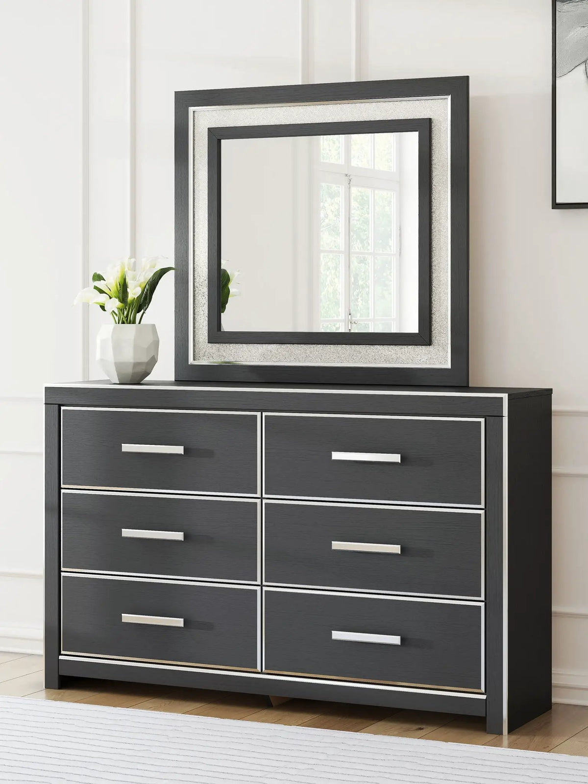 Zuraleus Six Drawer Dresser | Large-Scale Handles | Chrome-Tone Details | Glam Style