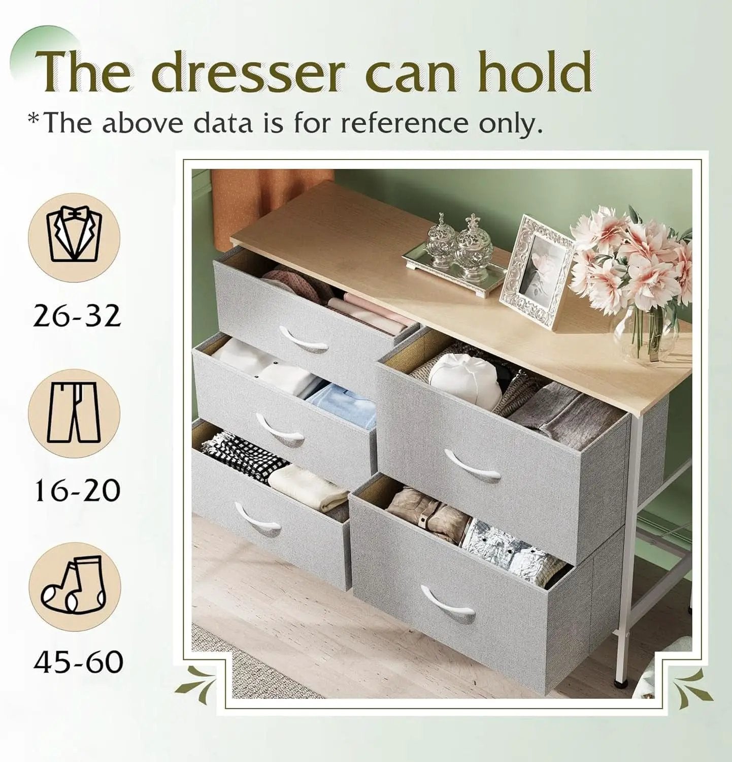 Light Grey Fabric Dresser With 5 Drawers And Drawer Organizers from PriceLows™