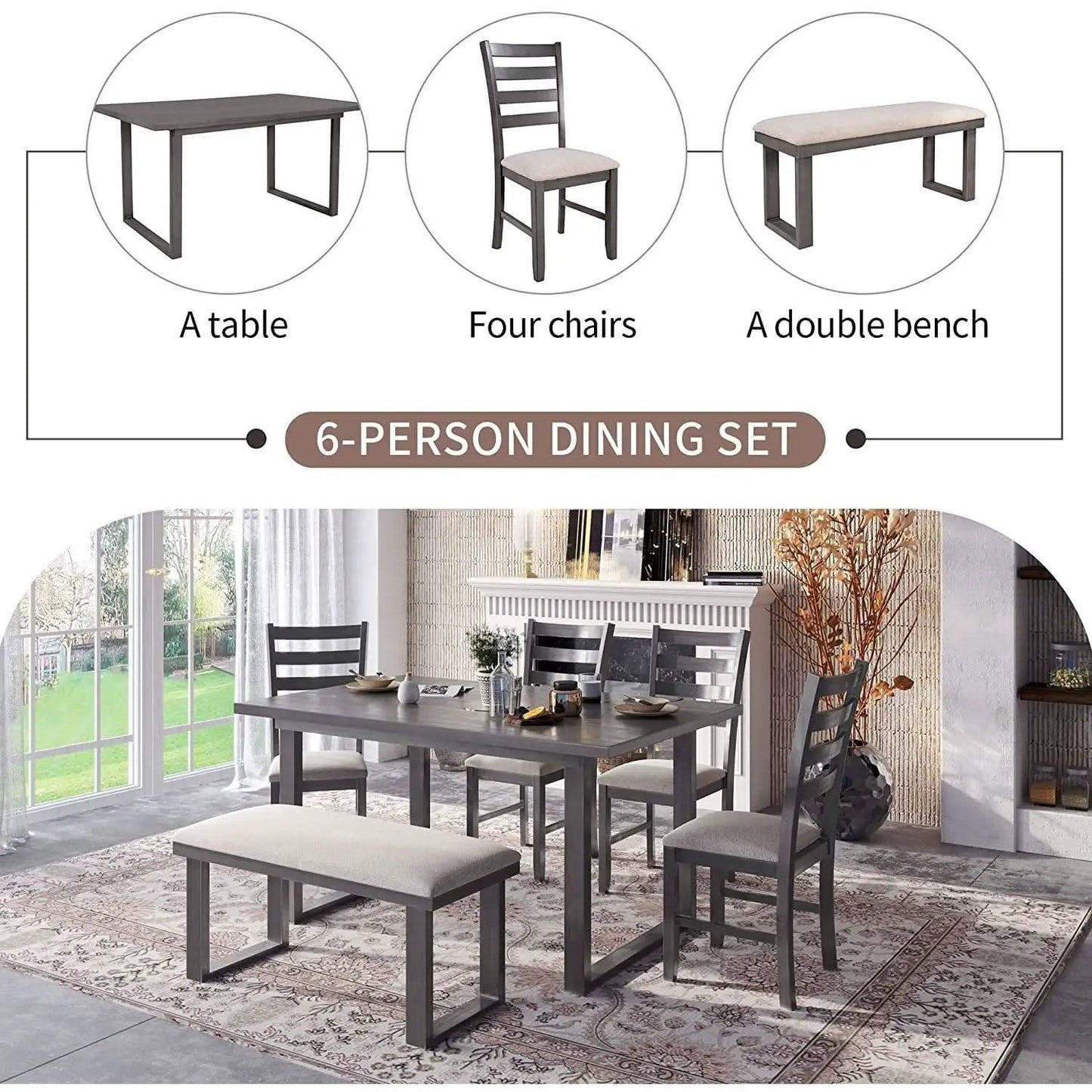 6 Piece Rustic Wood Dining Set With Bench And Chairs from PriceLows™