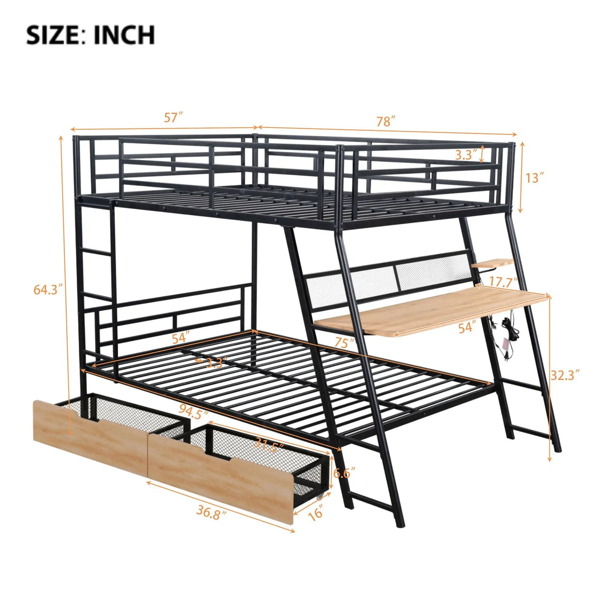 Full Size Bunk Bed | Built In Desk | Integrated Light | Black