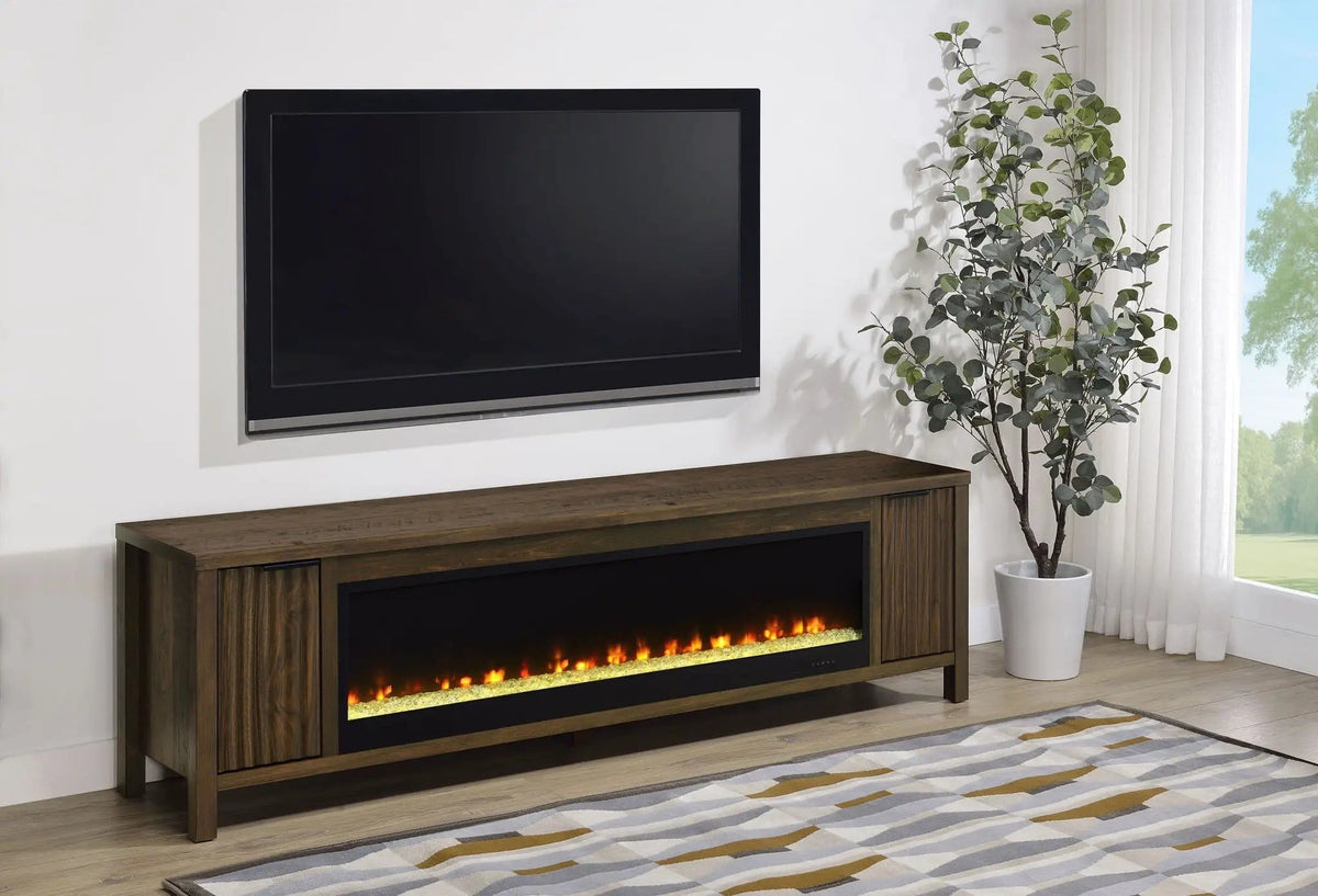 Carey 79-inch TV Stand Fireplace Media Console Dark Pine | 78.75 x 15.5 x 22.75 in | Glass | Living Room