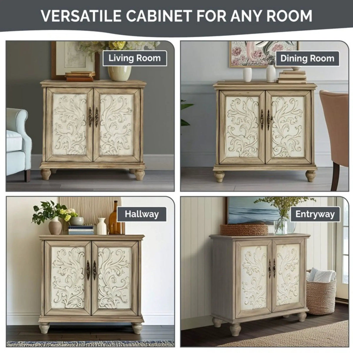Driscoll 2 Door Cabinet | Carved Floral Front | Reclaimed Natural Finish | Magnetic Door Catches
